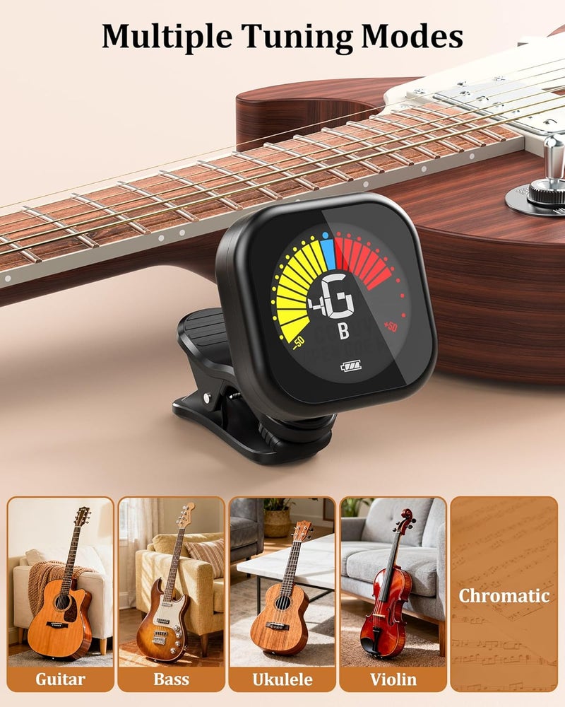 NewBee Guitar Tuner Clip-On Rechargeable with Color Screen 360° Rotatable Acoustic Chromatic Open Tuning for Guitar, Bass, Ukulele, Violin, Cello(Black, 1 Pack) - Image 3